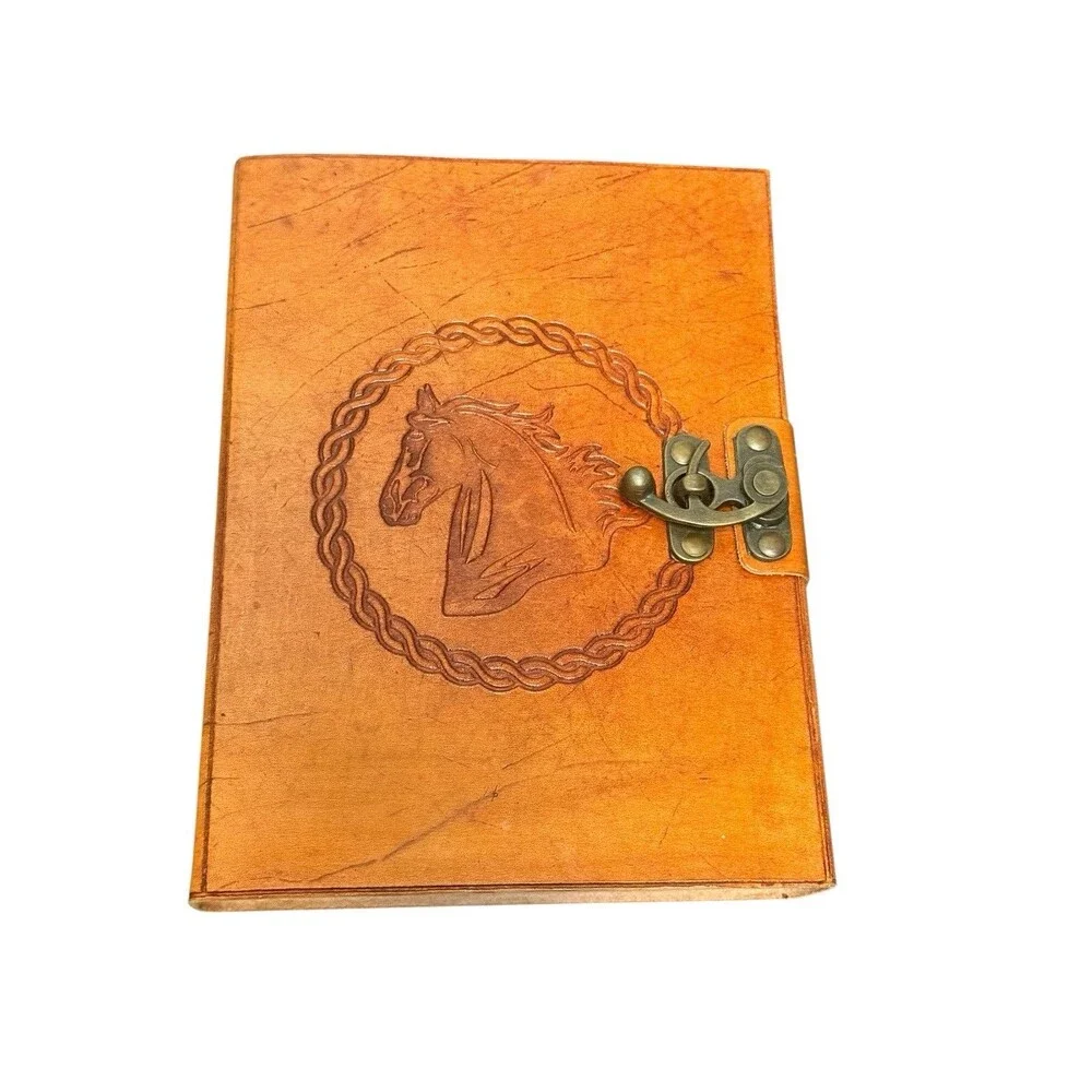 Horse Emblem Genuine Leather Journal Diary Parchment Paper Notebook Brown 8